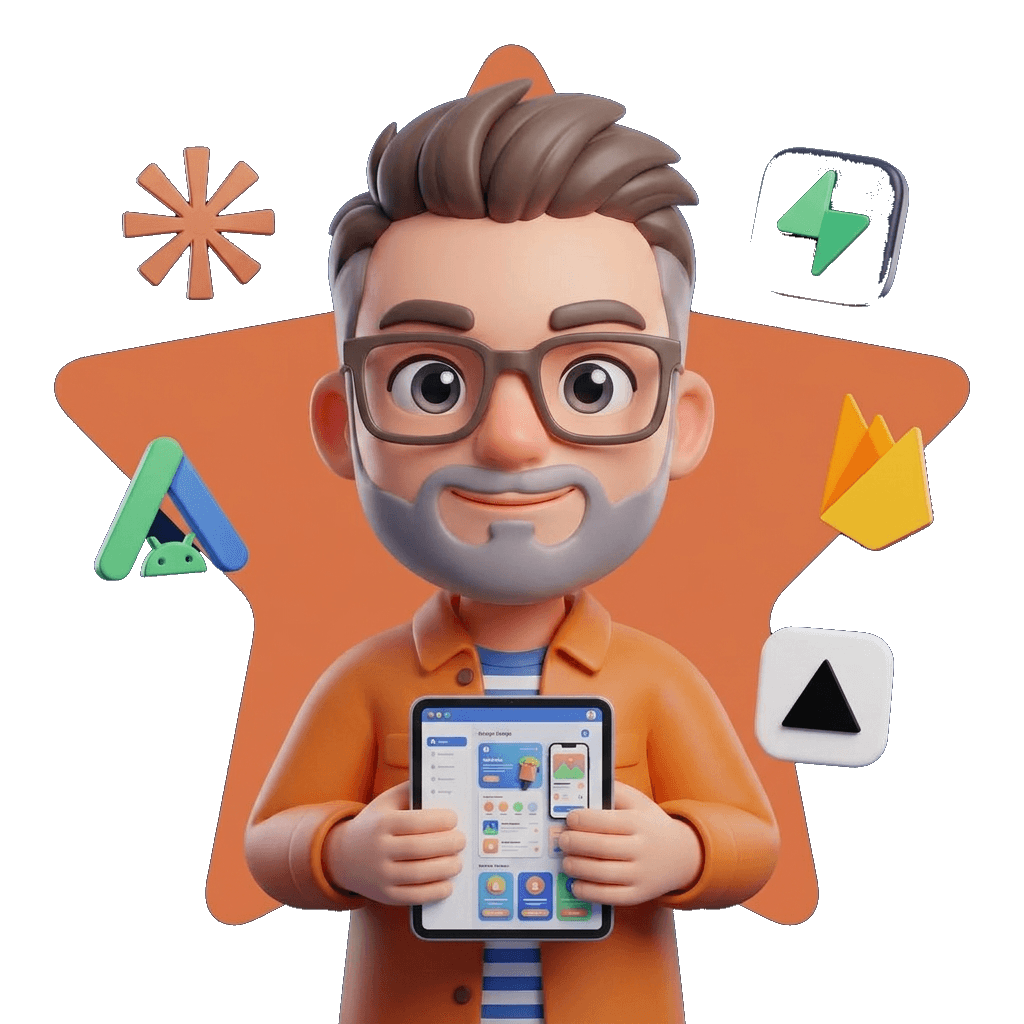Illustration de David présentant une application sur une tablette, entouré des logos Android, Firebase, Supabase et Vercel