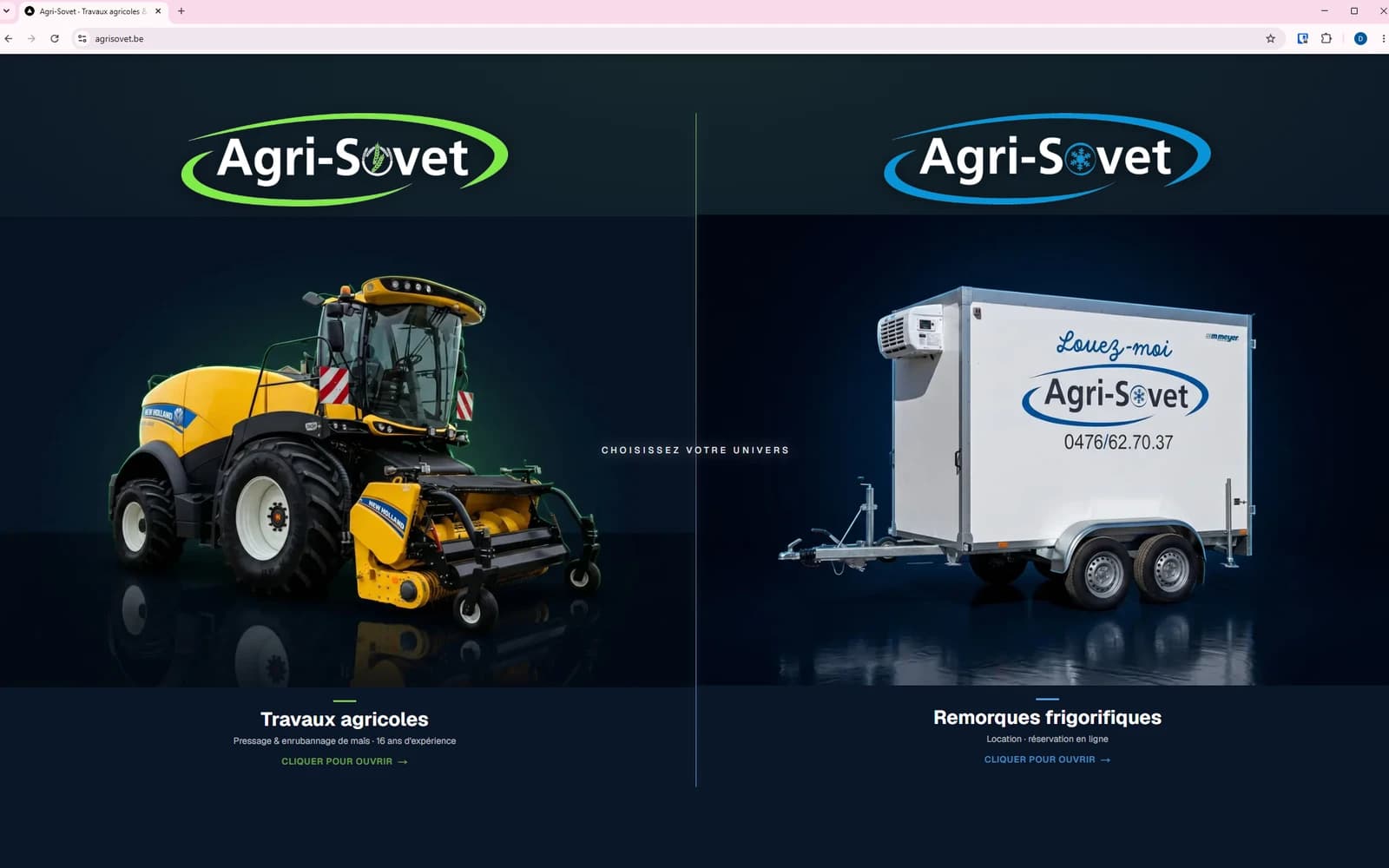 Page d'accueil d'Agri-Sovet : deux univers au choix, travaux agricoles et remorques frigorifiques.